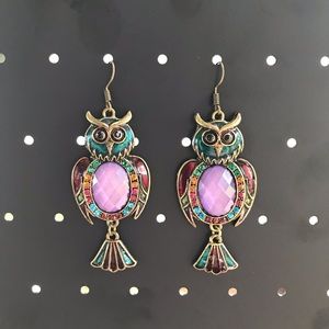 Boho Owl Earrings Multicolored Rhinestones